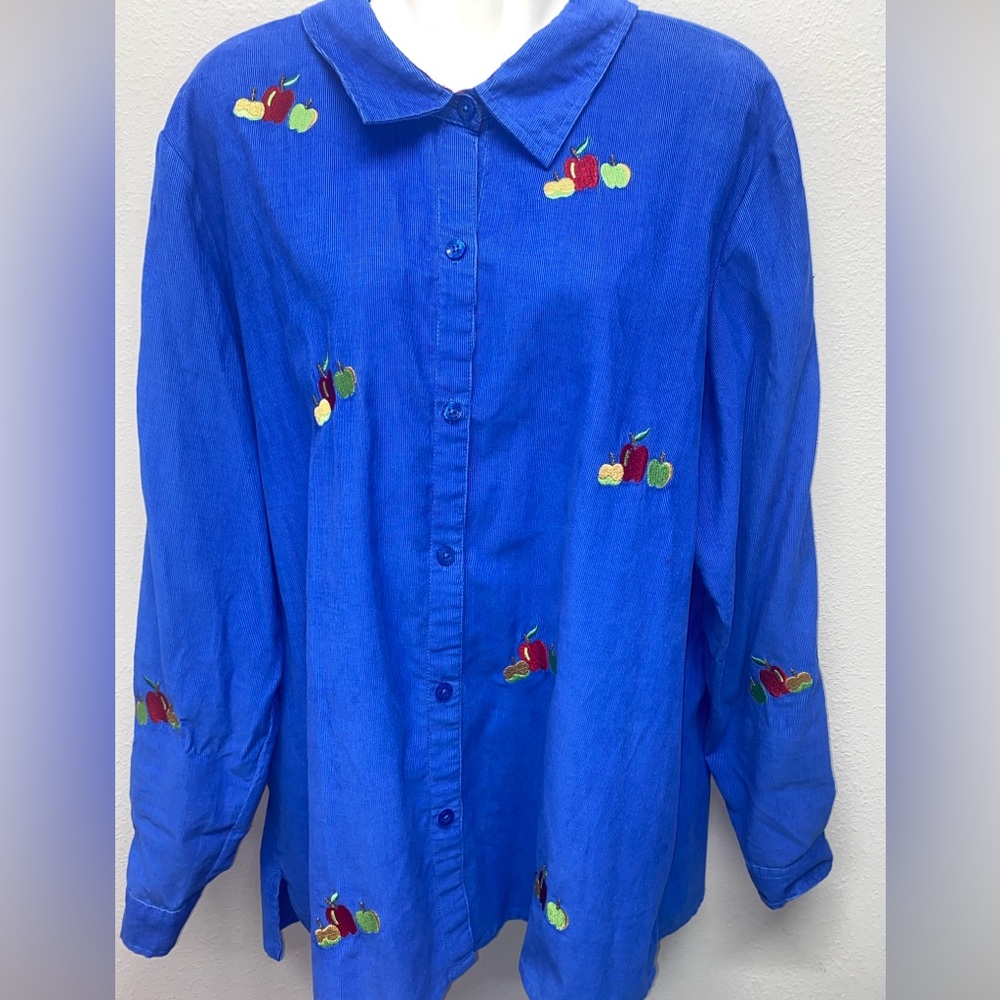 Quacker Factory Top XL Blue Corduroy Apple Embroidered Teacher Button Up School